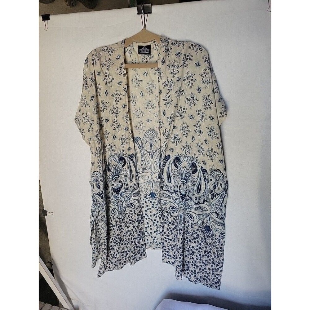 Angie Boho Floral open front Kimono Cardigan L Blue Cream Paisley Duster Wrap